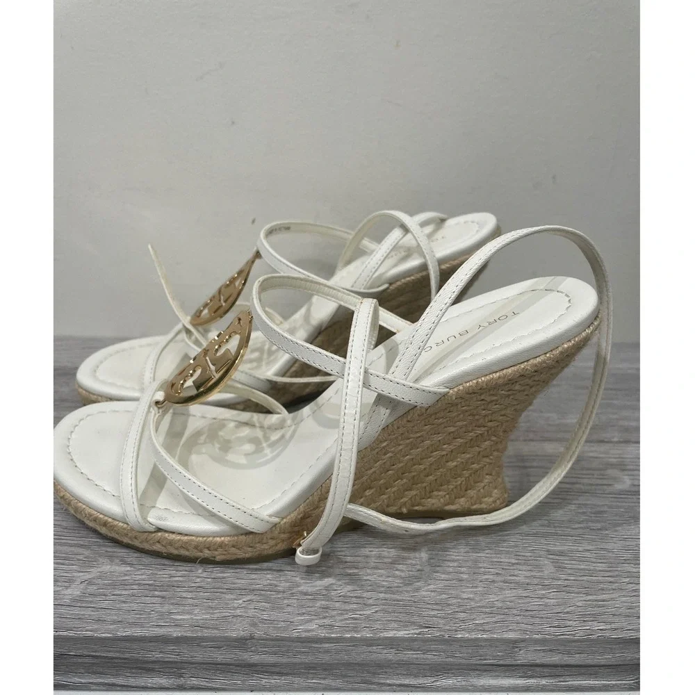 Tory Burch Miller Wedge Sandals White Leather Gold Logo Espadrille 6.5M 89131